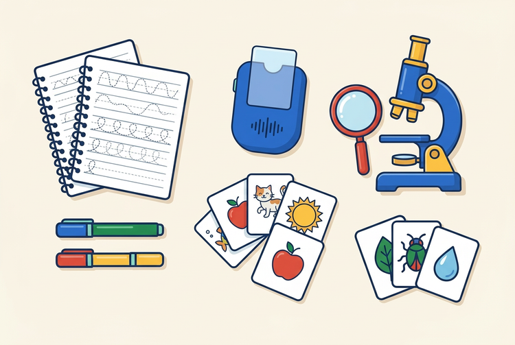 Illustration of the SpringLab Complete Set with tracing books, pens, a talking card reader, picture cards, a microscope and magnifying glass.