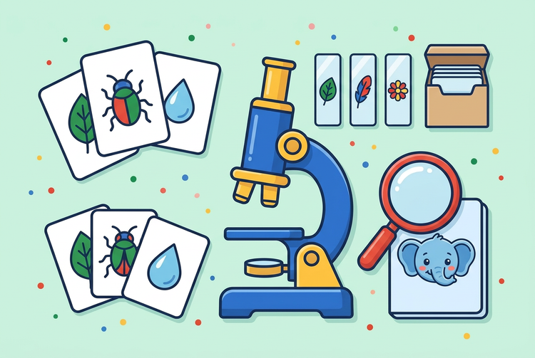 Illustration of the SpringLab Little Scientist Lab with a blue microscope, sample slides and storage box, red magnifying glass and nature cards.