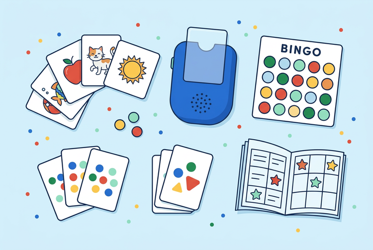 Illustration of the SpringLab First Reader Kit with a blue talking card reader, picture cards, colorful activity cards, a bingo board and booklet.