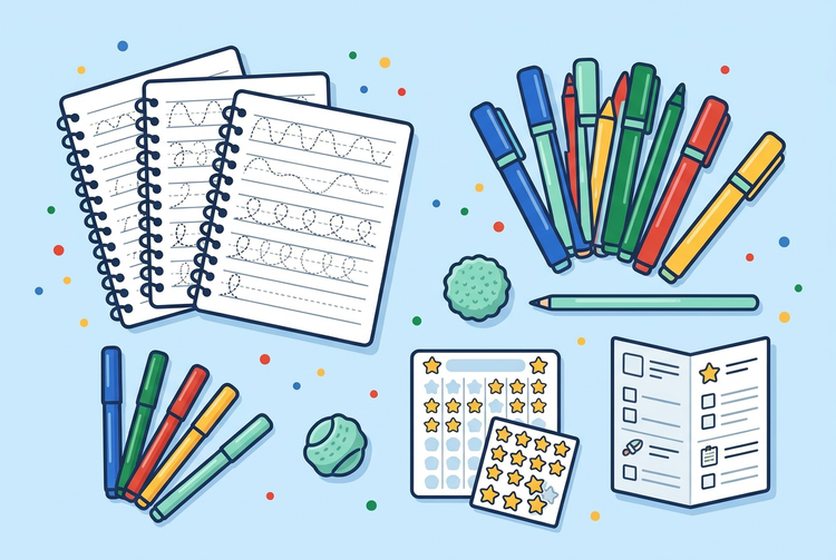 Illustration of the SpringLab Learn to Write Kit with tracing copybooks, colorful pens, grip helpers, star reward charts and a practice booklet.